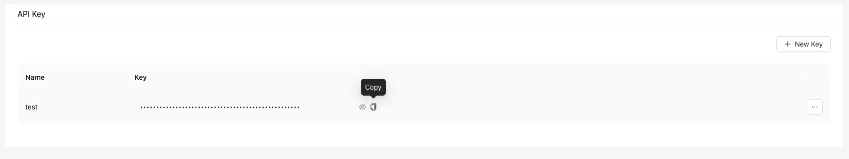 API Key 一覧のコピーアイコンにカーソルを合わせ、Copy ツールチップが表示されている状態