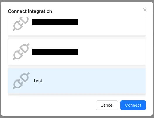 The Connect Integration modal, with test selected from the list of available Integrations and the Connect button enabled.