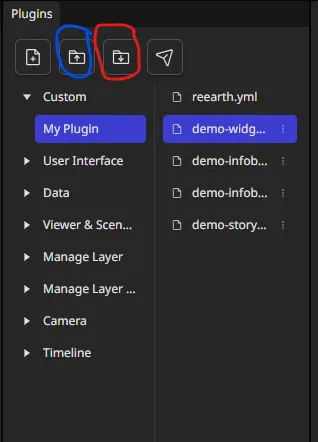 The Playground's Plugins toolbar, with the export control marked in red and the import control in blue