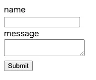 A contact form with name and message fields and a Submit button.