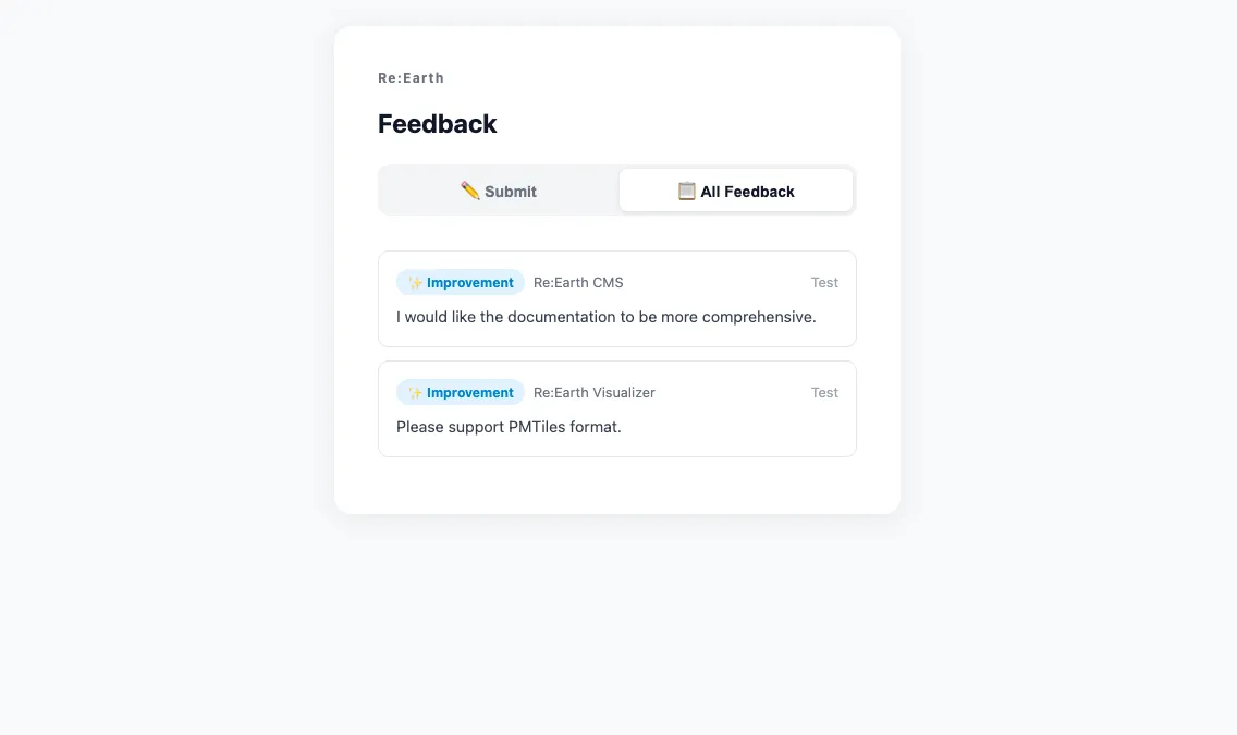 The All Feedback tab of the Feedback app, showing published feedback as cards, each with a category tag, product name, name, and comment