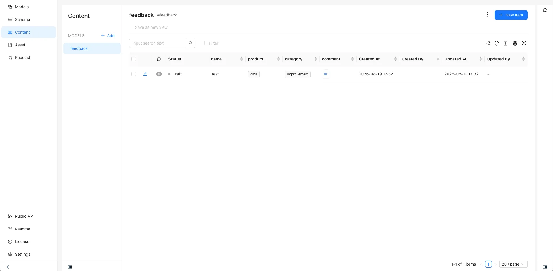 The Content screen in Re:Earth CMS, showing one item submitted to the feedback model, with its status set to Draft