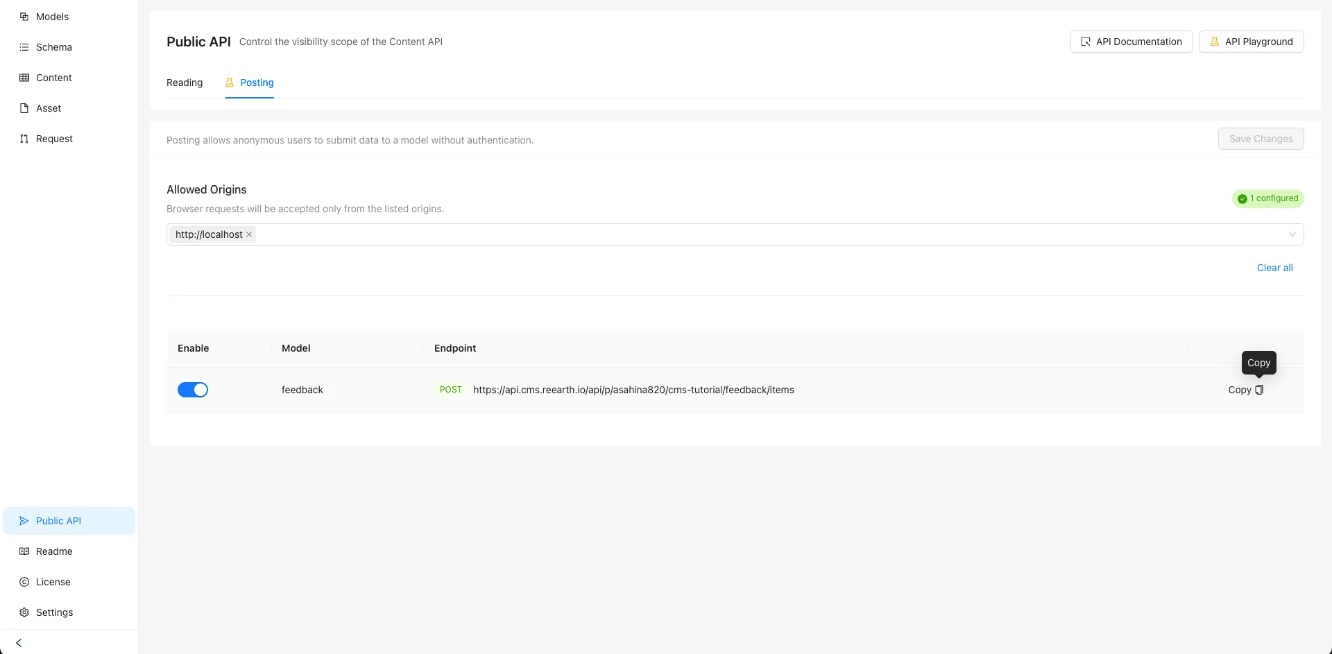 The Posting tab of the Public API page in Re:Earth CMS, with a Copy button next to the feedback model’s POST endpoint and a "Copy" tooltip shown