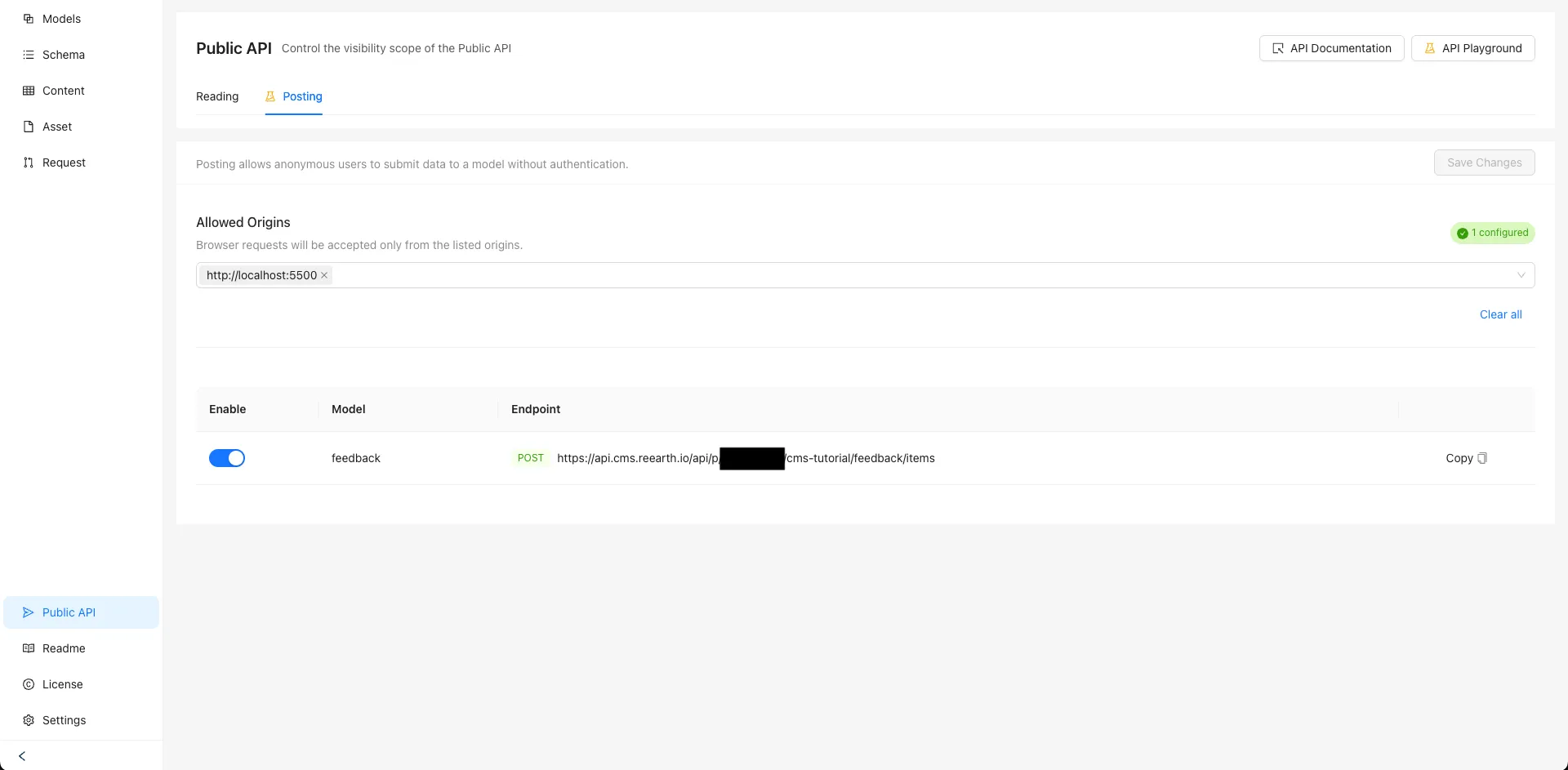 The Posting tab of the Public API page in Re:Earth CMS, with http://localhost:5500 registered under Allowed Origins and the Enable toggle for the feedback model turned on