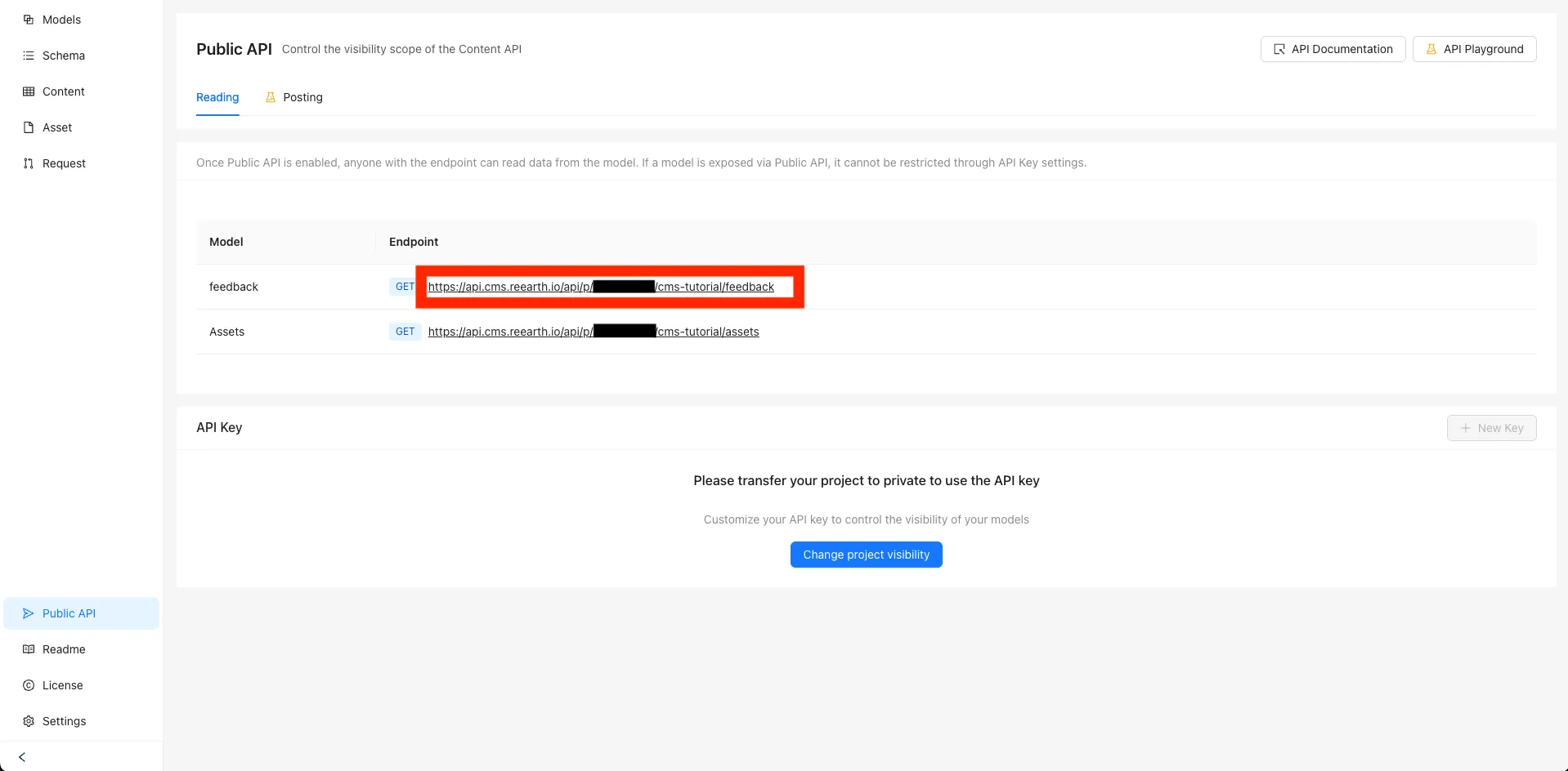 The Reading tab of the Public API page in Re:Earth CMS, with the GET endpoint URL for the feedback model highlighted in a red box