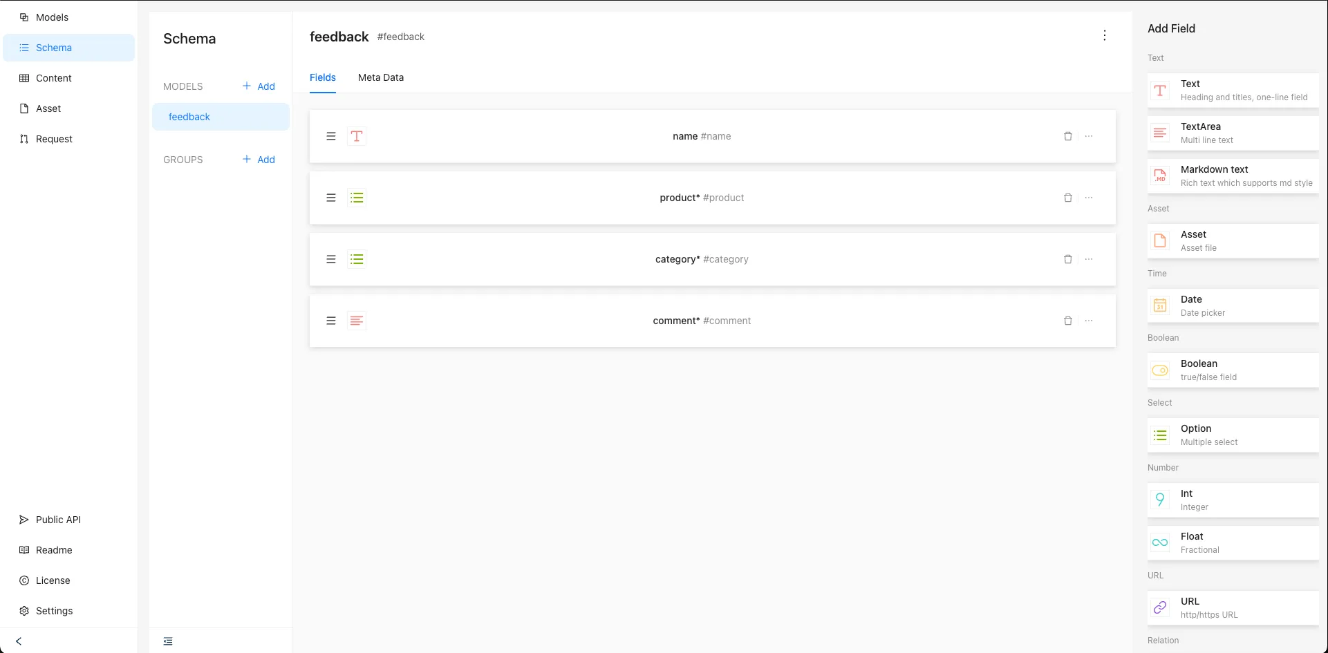 The Schema screen in Re:Earth CMS, with four fields — name, product, category, and comment — added to the feedback model, and the Add Field panel shown on the right