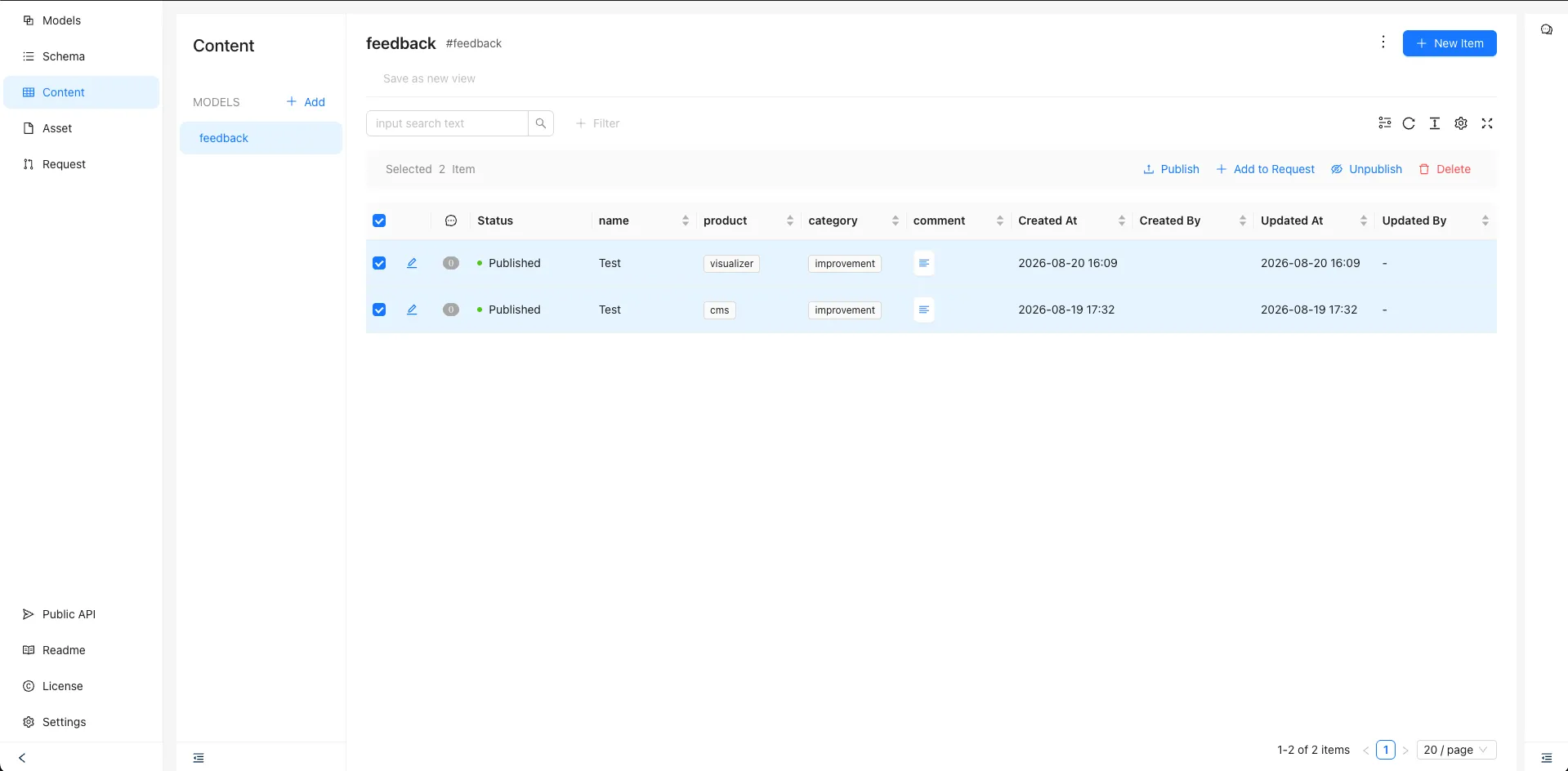 The Content screen in Re:Earth CMS, with two items selected and their status changed to Published. A toolbar with Publish, Add to Request, Unpublish, and Delete is shown at the top