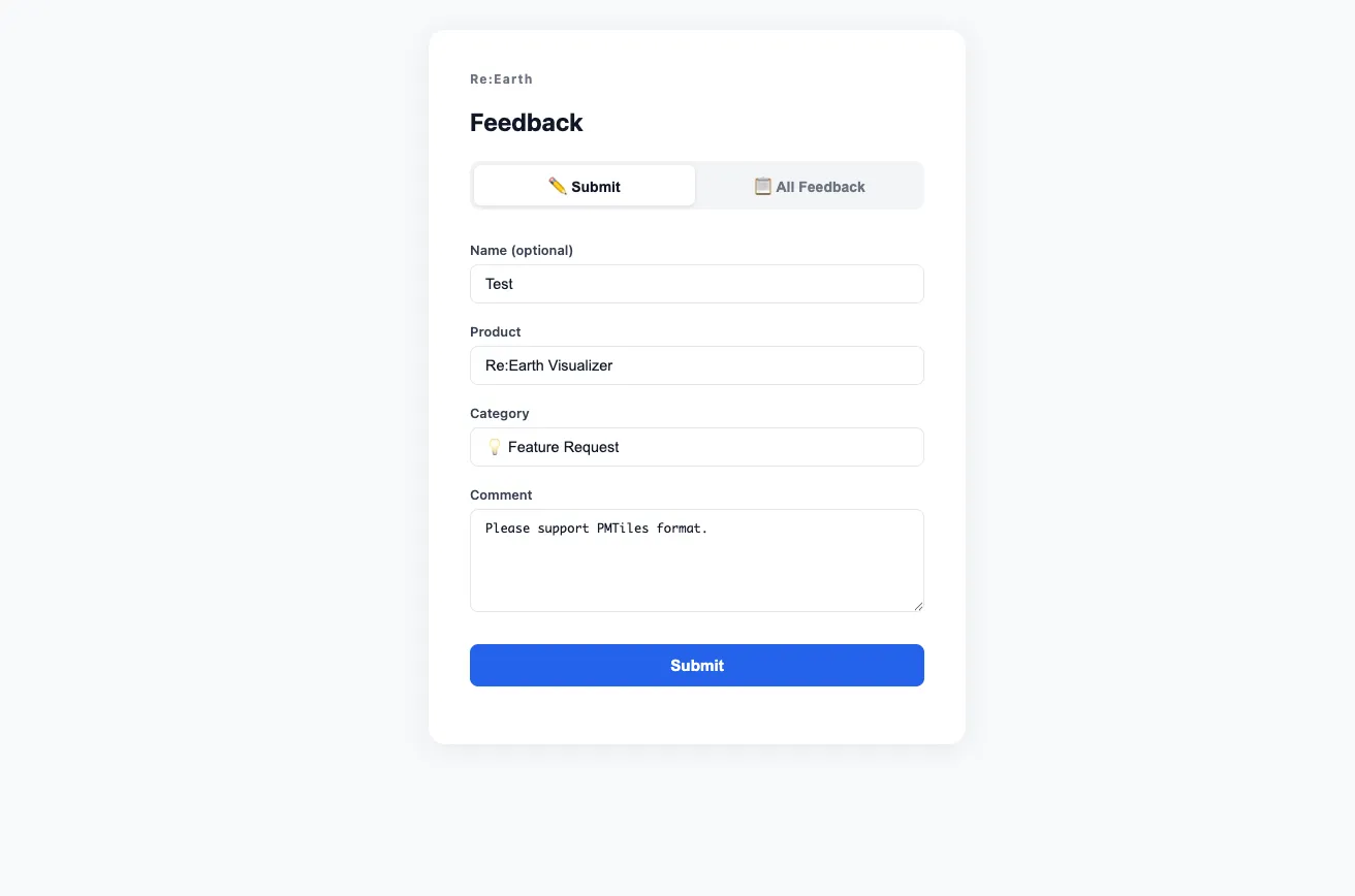 The Submit tab of the Feedback app, with name, product, category, and comment filled in