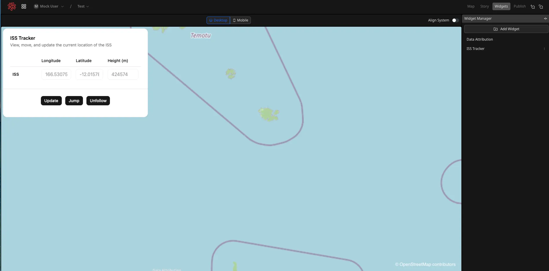 The finished ISS Tracker interface with Update, Jump, and Follow controls
