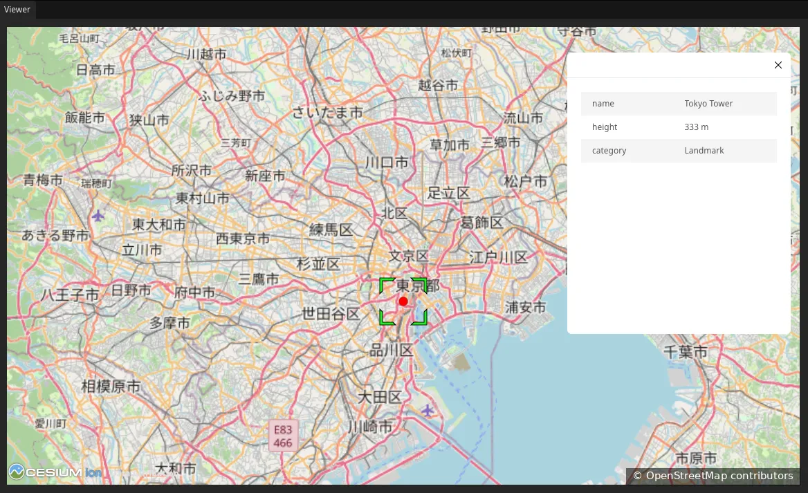 Re Visualizer の地図上にフィーチャのプロパティを表示するインフォボックス