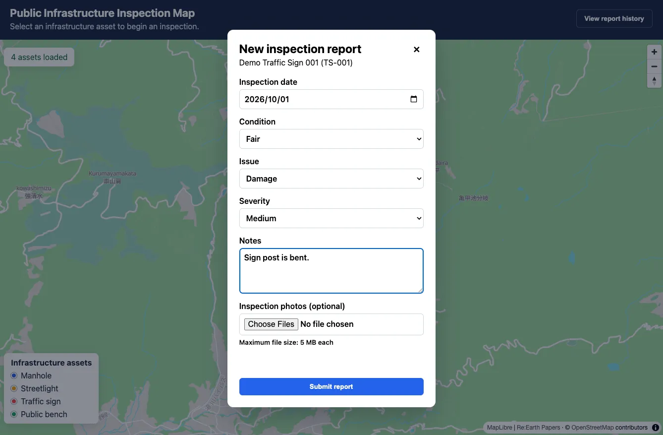 The New inspection report form, filled in with an inspection date, condition set to Fair, issue set to Damage, severity set to Medium, and a notes field describing a bent, overgrown sign post.