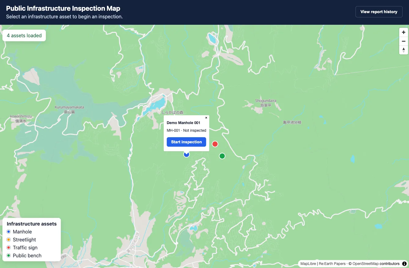 A popup on the map for Demo Traffic Sign 001, showing its asset ID and current condition, with a Start inspection button.