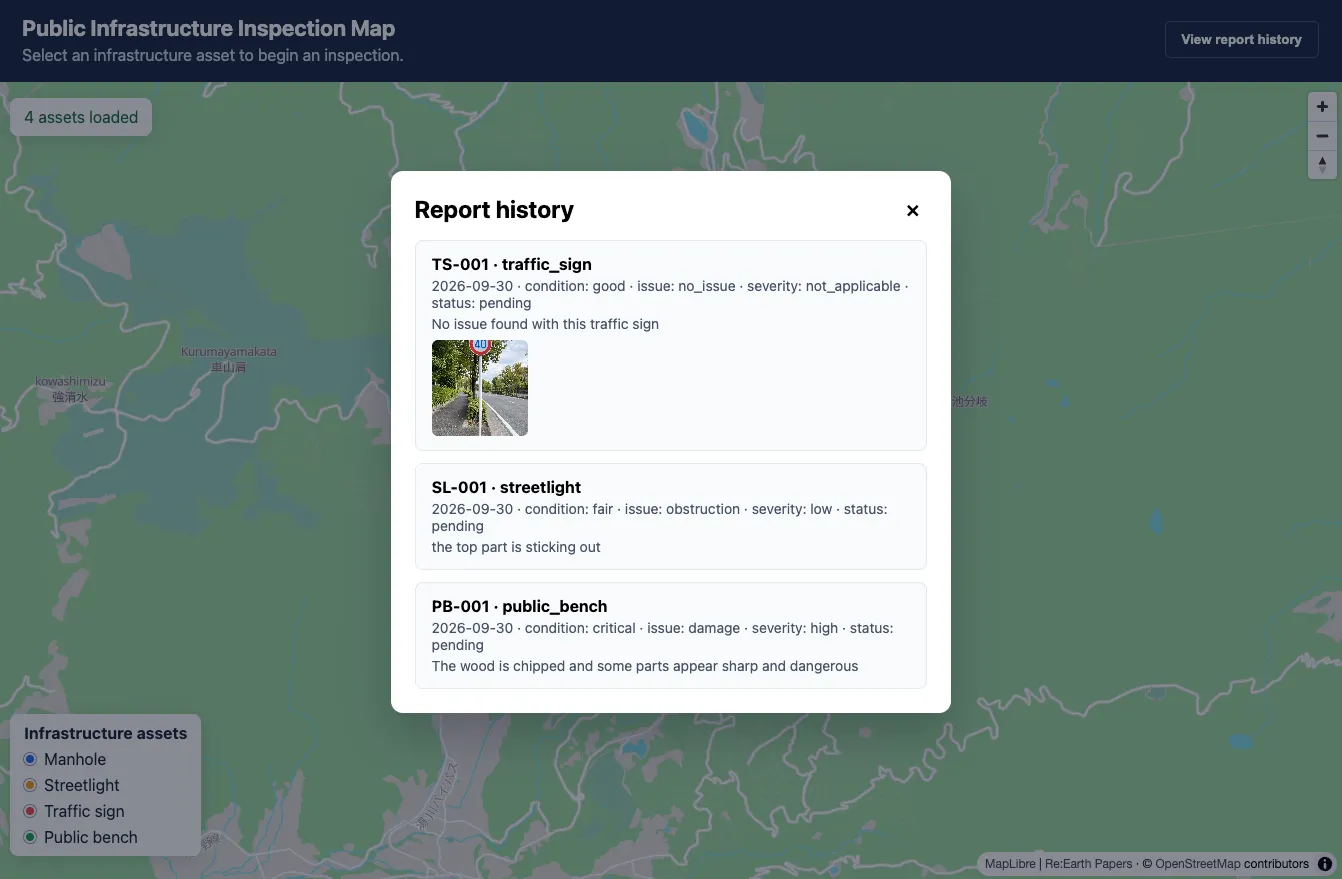 The Report history dialog, listing three inspection reports for a traffic sign, a streetlight, and a public bench, each with its condition, issue, severity, status, and notes — the traffic sign's report includes a photo.