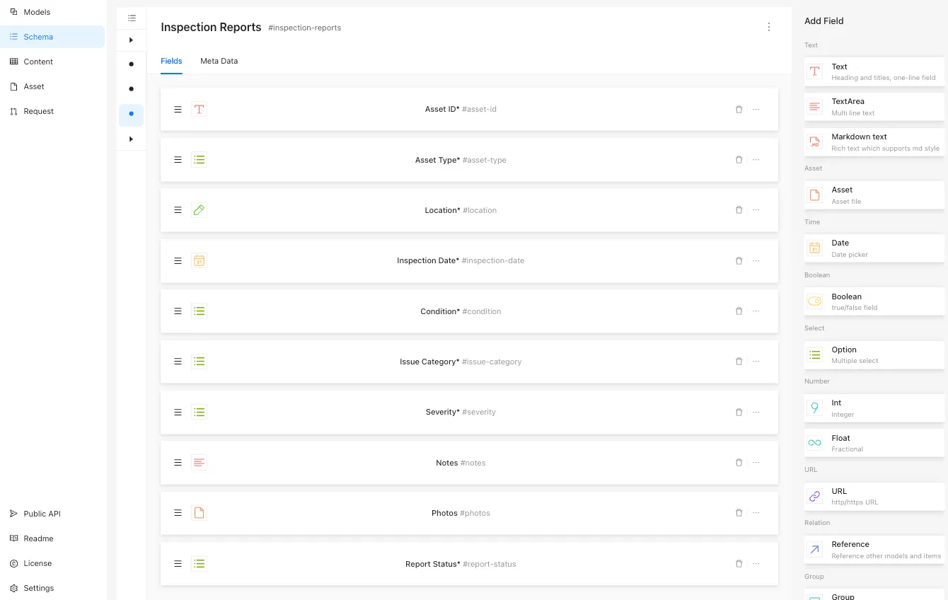 The Schema screen for the inspection-reports model in Re:Earth CMS, showing its ten fields: Asset ID, Asset Type, Location, Inspection Date, Condition, Issue Category, Severity, Notes, Photos, and Report Status.
