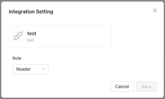 The Integration Setting modal, showing the Role dropdown for the target Integration and a Save button.