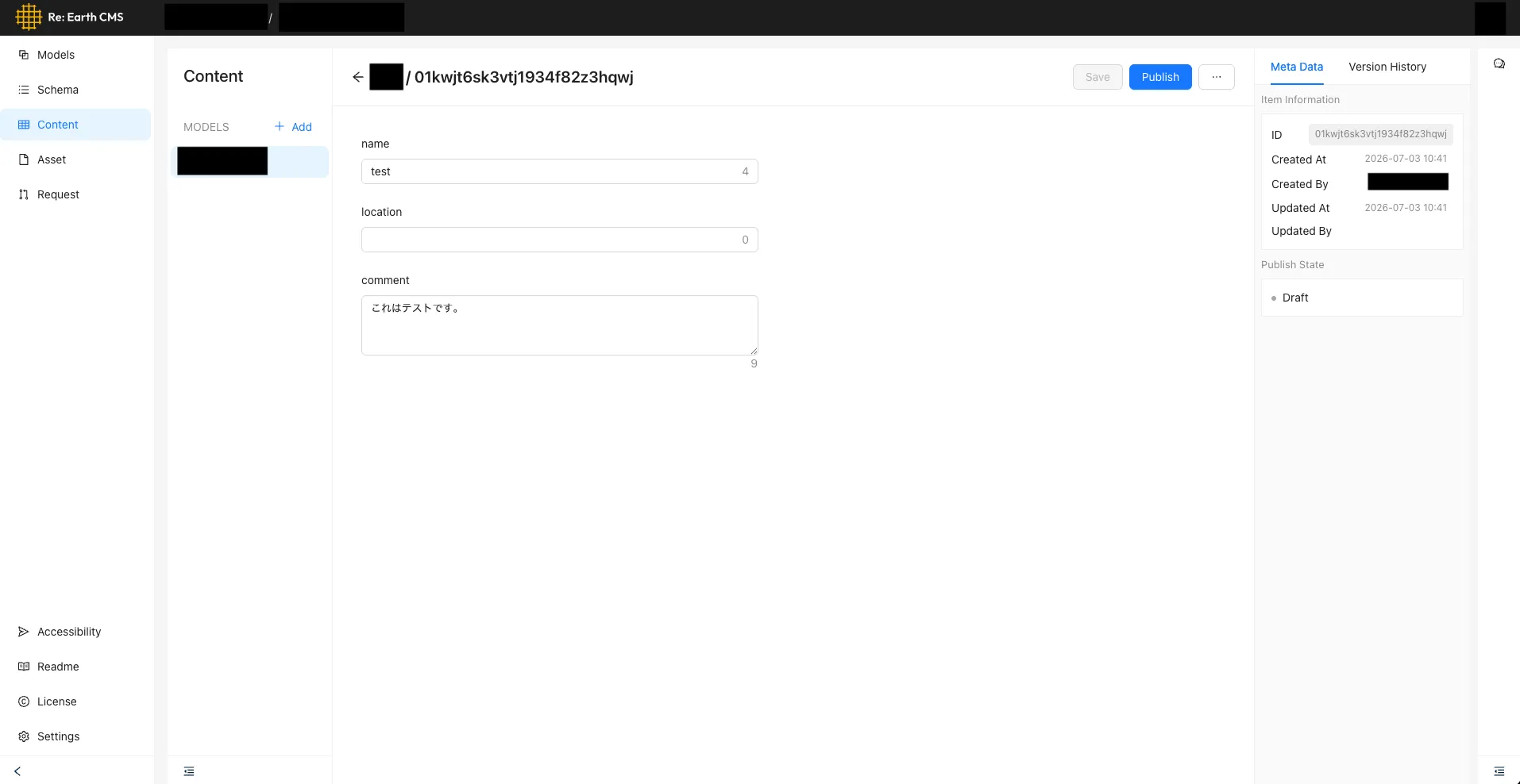 An item before publishing, with its status set to Draft.