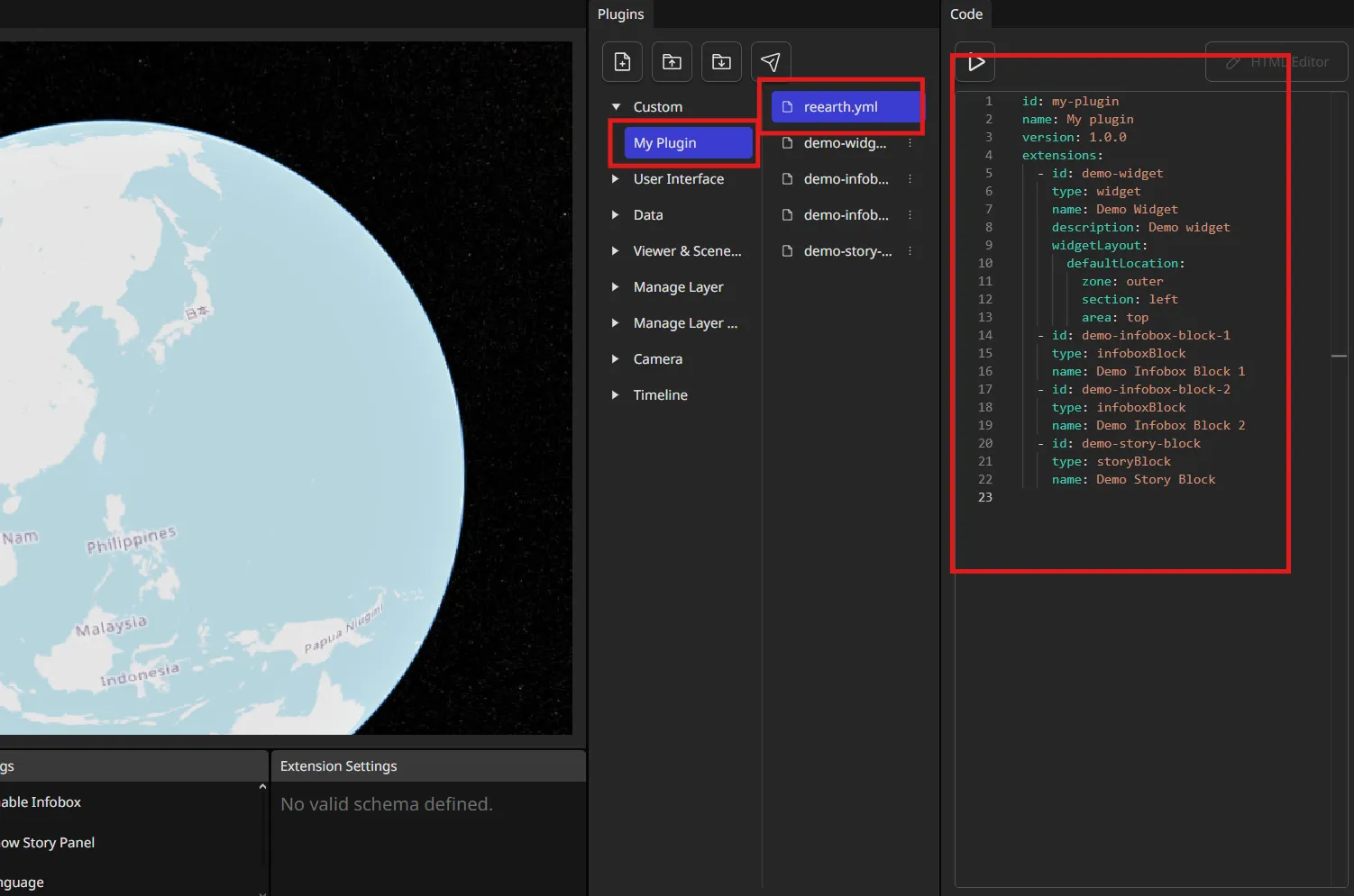 The reearth.yml manifest open in the Playground's Code panel, with My Plugin selected in the file tree