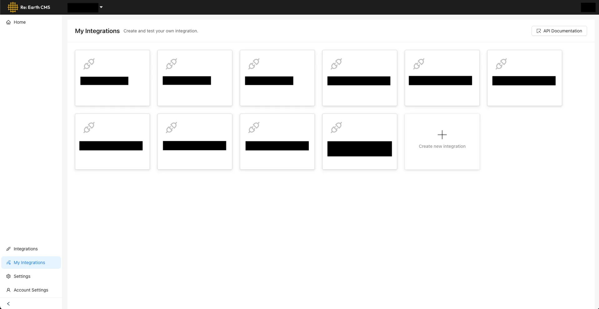 The My Integrations screen, showing existing integrations as a list of cards, with a Create new integration card in the bottom right.