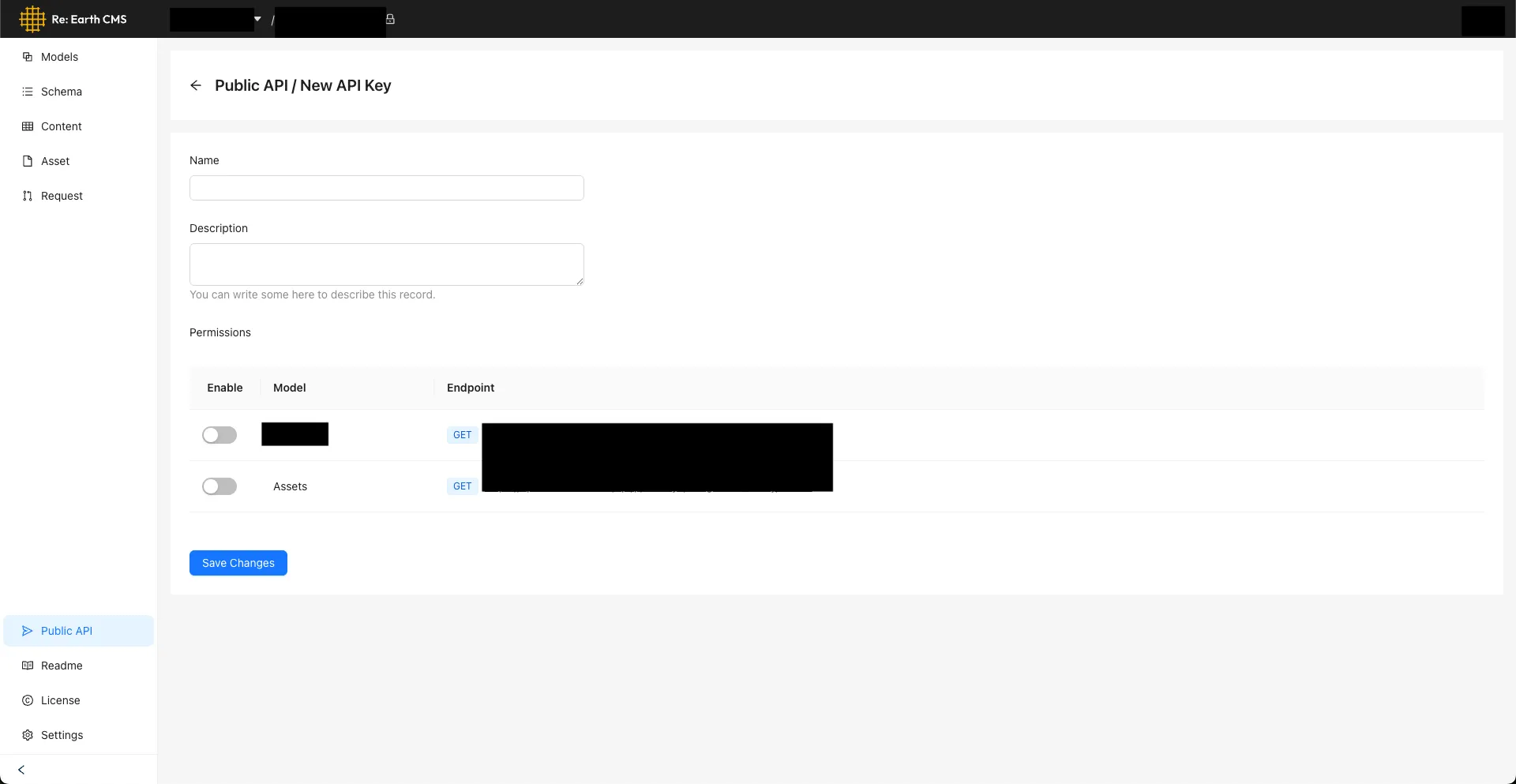 Public API / New API Key ページ。Name・Description の入力欄と、モデルごとの Enable トグルを持つ Permissions テーブル、下部に Save Changes ボタン
