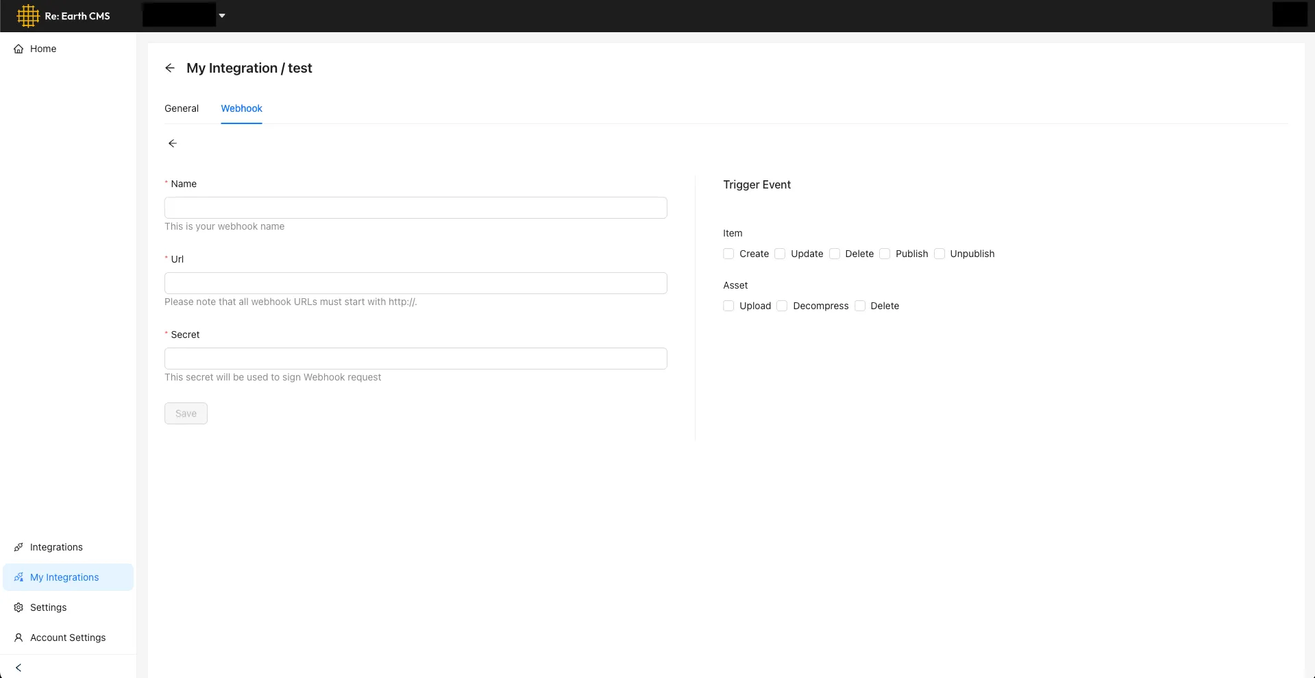The New Webhook form, showing the Name, Url, and Secret fields and Trigger Event checkboxes for Item and Asset.
