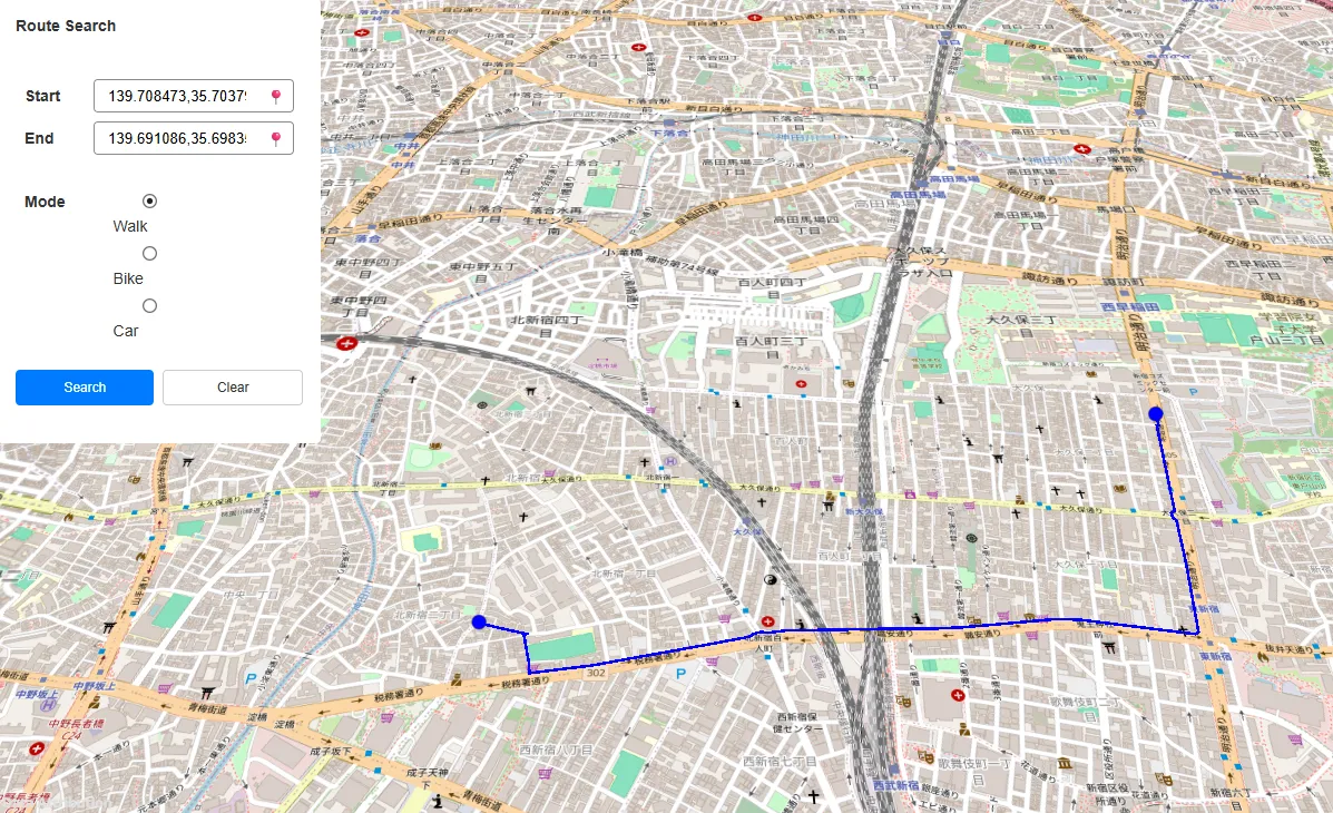 The finished Route Search widget beside a walking route drawn in blue between two points in Tokyo, with a marker at each end