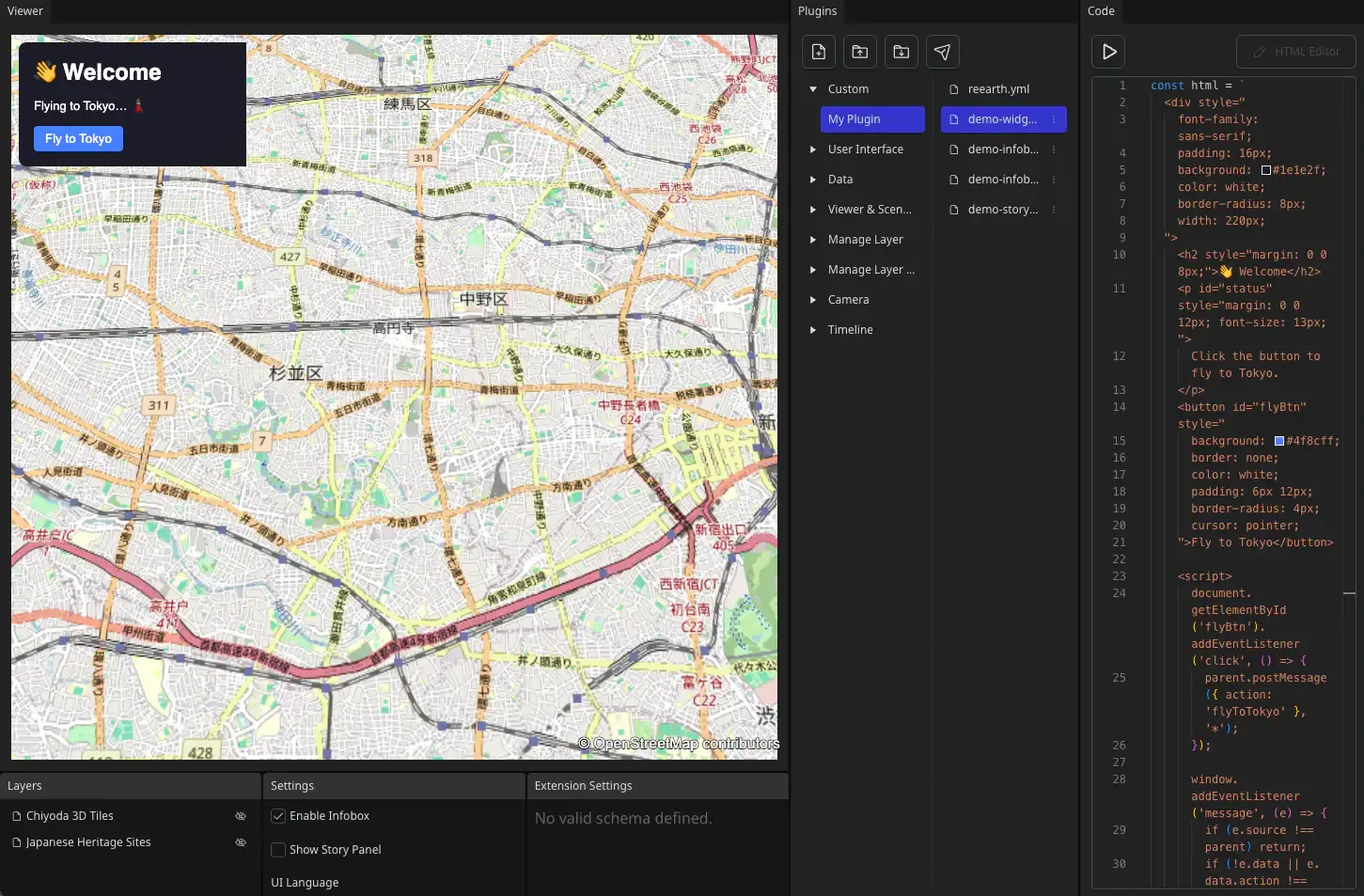 The finished Welcome widget with the Fly to Tokyo button displayed in the Visualizer