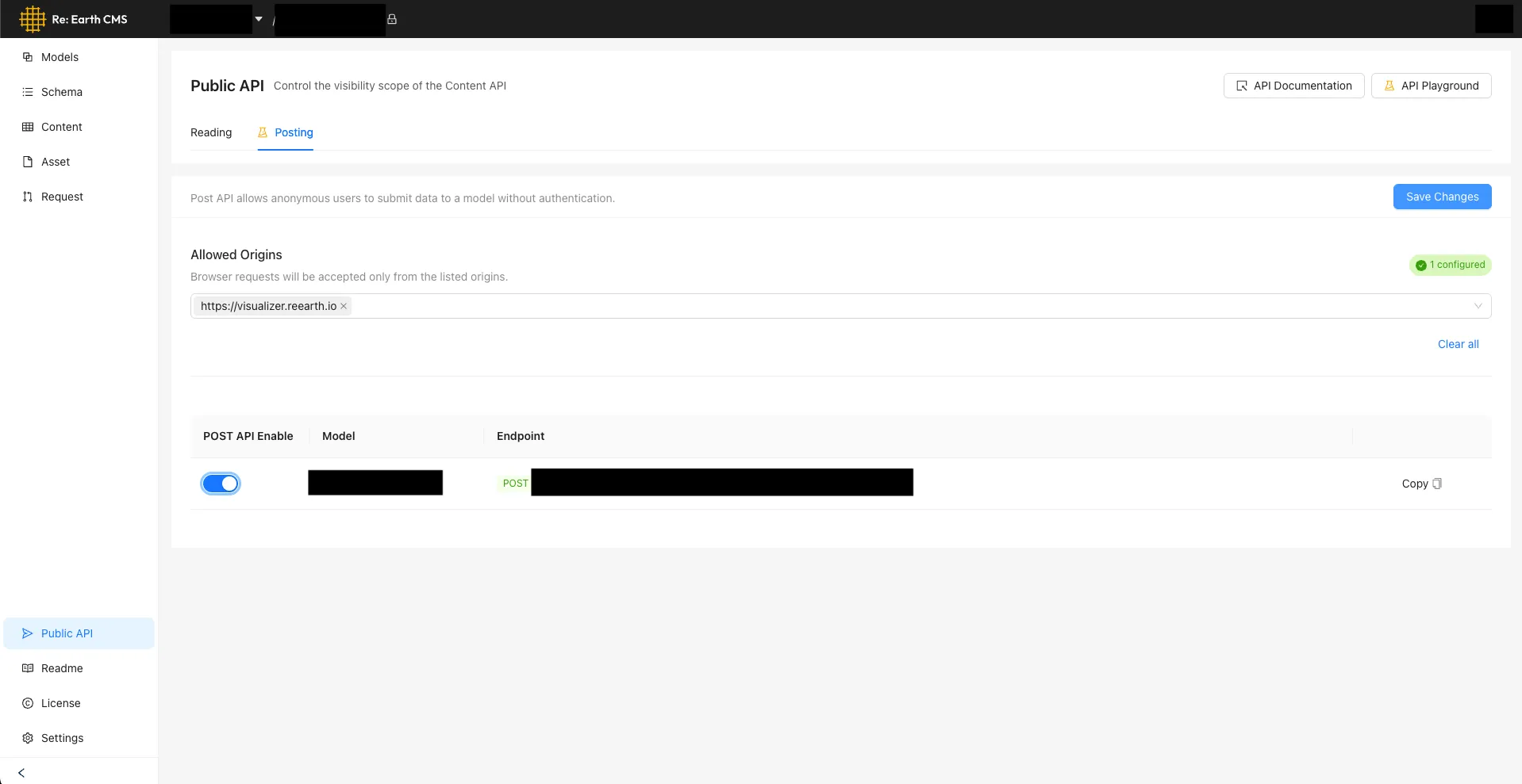 Re:Earth CMS's Public API page, with the Posting tab selected, one allowed origin configured, and the target model's POST API Enable toggle turned on.