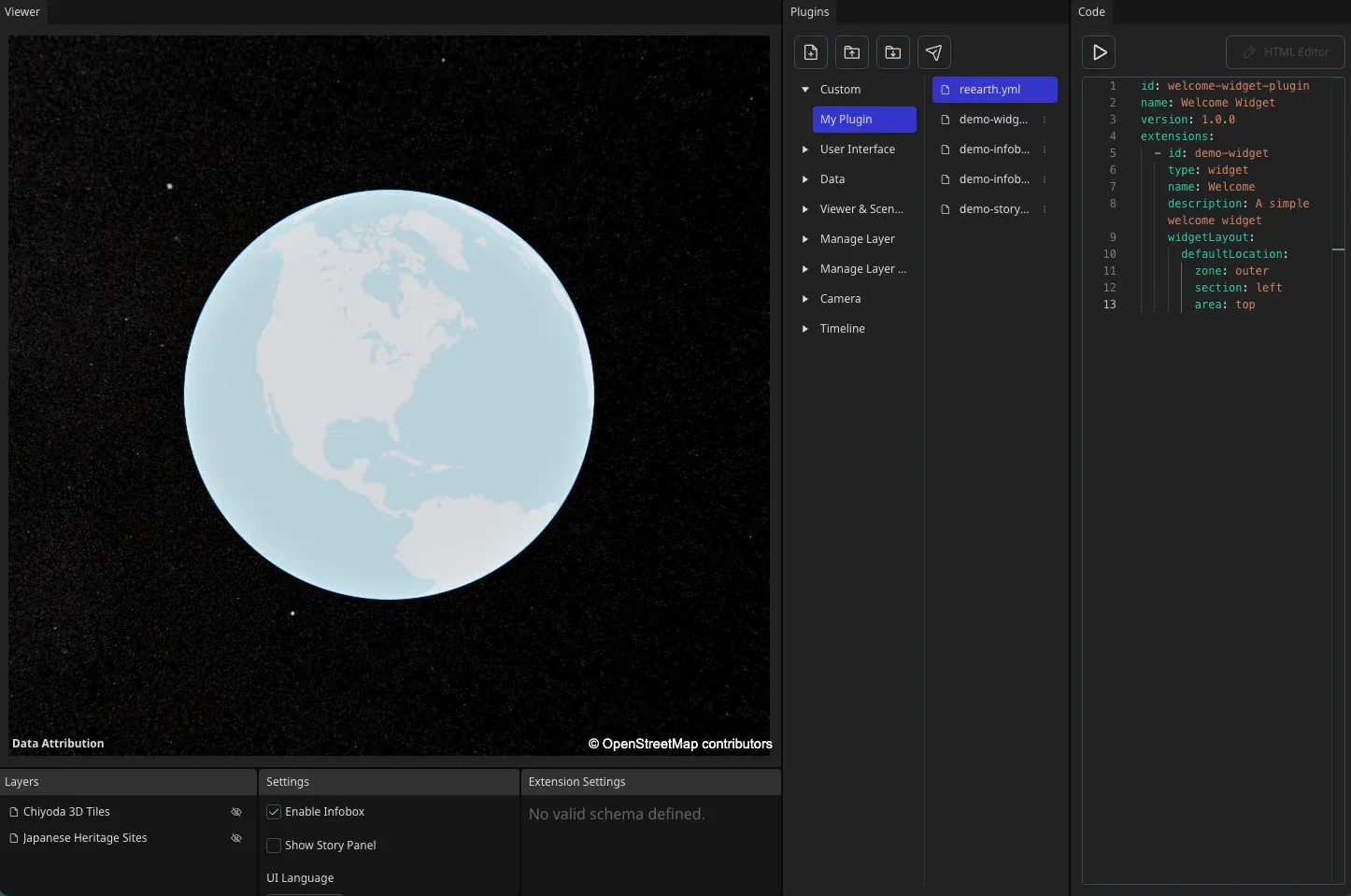 The Plugin Playground after editing reearth.yml to declare the Welcome widget extension