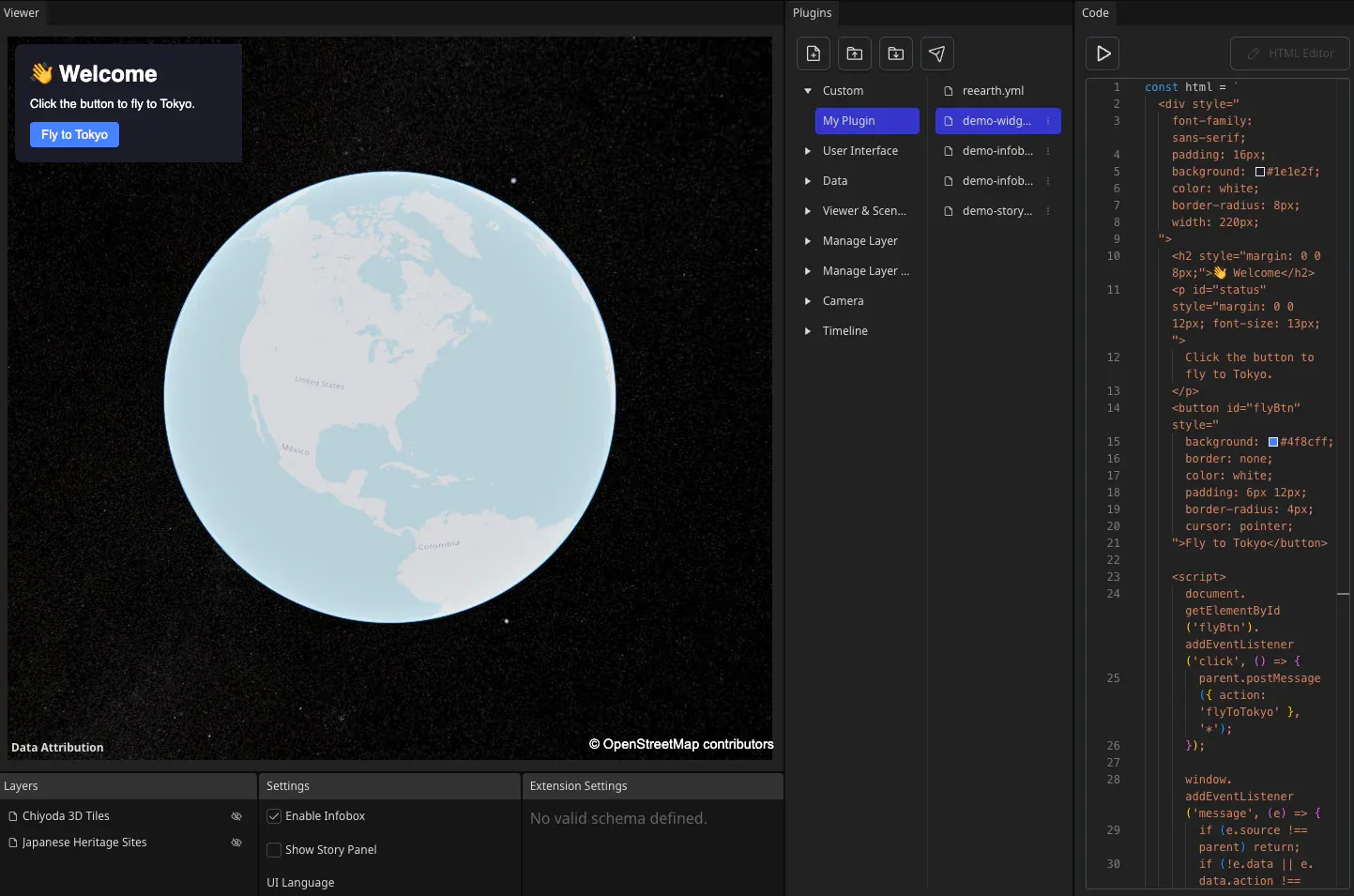 The Plugin Playground after adding the widget code to demo-widget.js