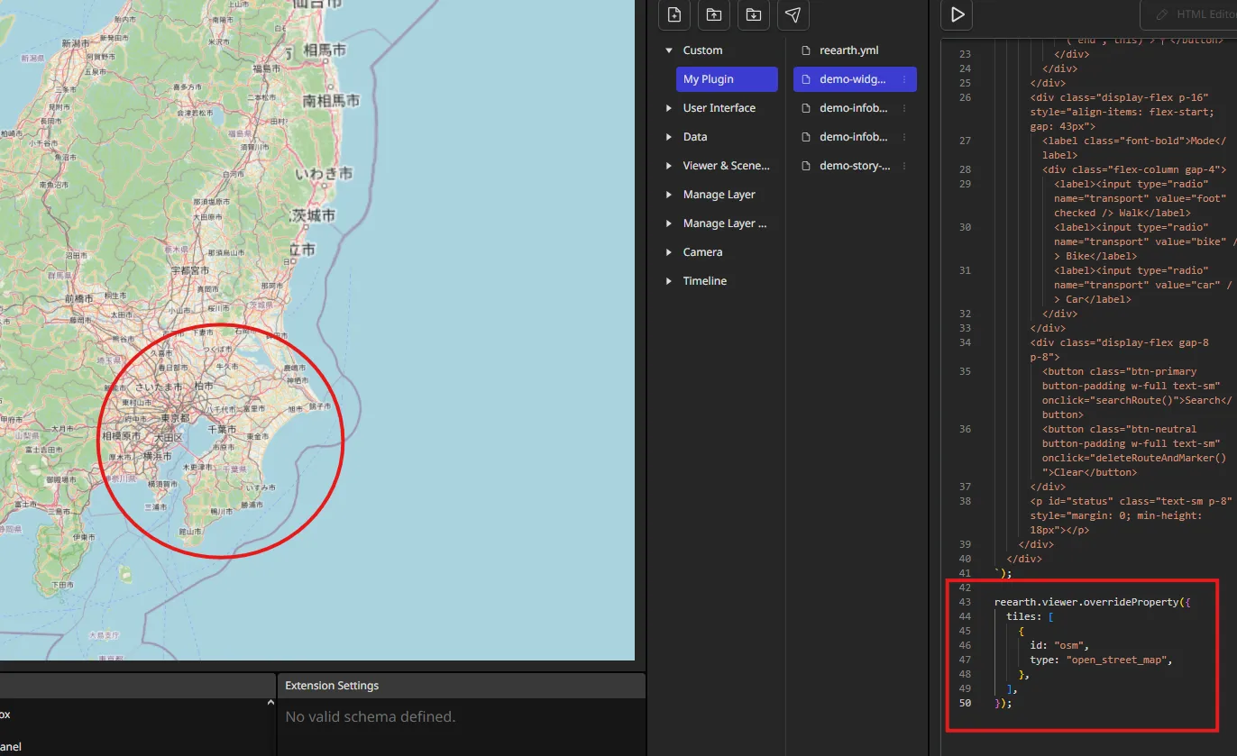 The Plugin Playground's Code panel with the reearth.viewer.overrideProperty call highlighted, and the globe now showing OpenStreetMap tiles instead of the default basemap