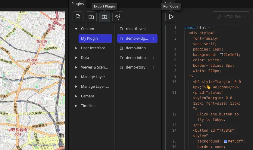 The Plugin Playground Export button highlighted in the Plugins panel