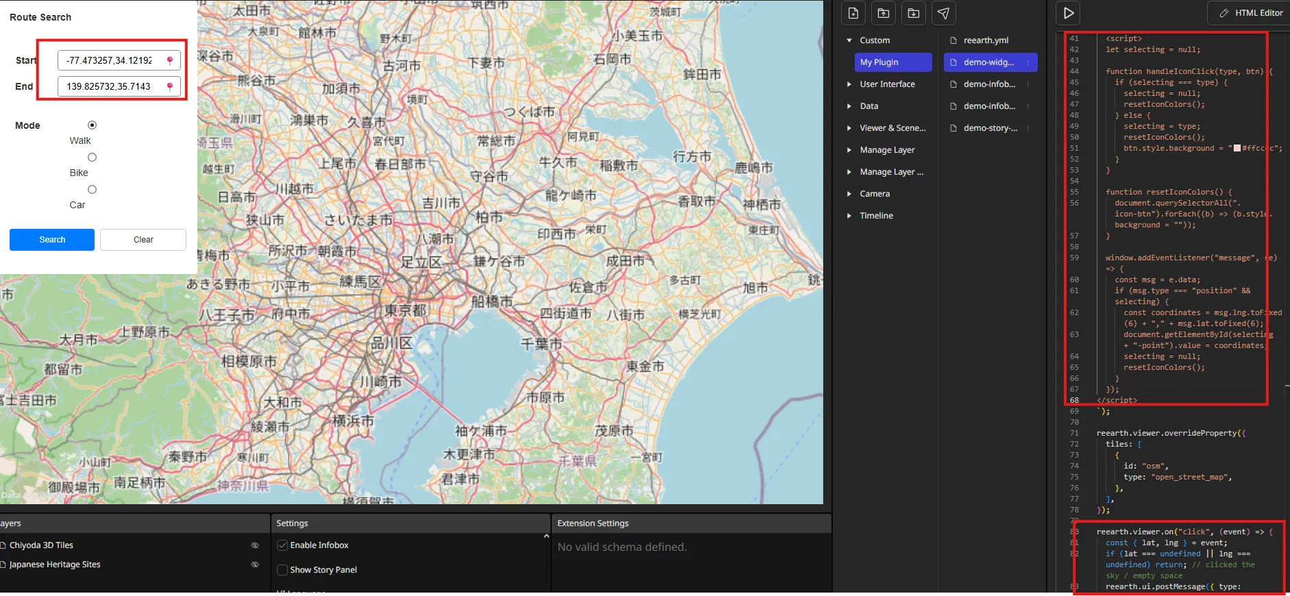 The Route Search widget with the Start and End inputs filled after clicking the map, and the widget's message-listener script highlighted in the Code panel