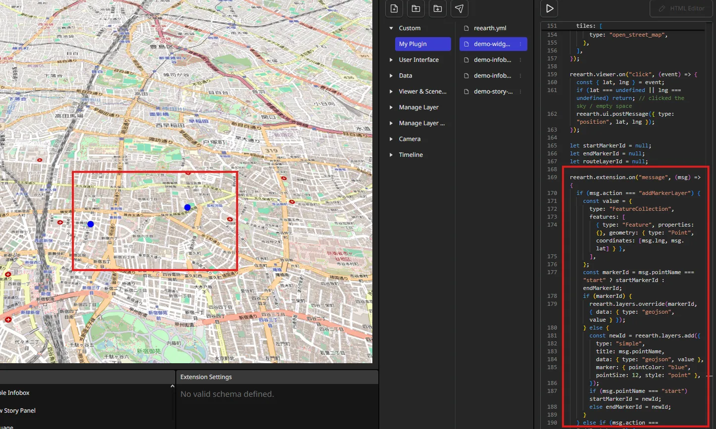 Two blue markers on the map at the selected start and end points, with the addMarkerLayer handler highlighted in the Code panel