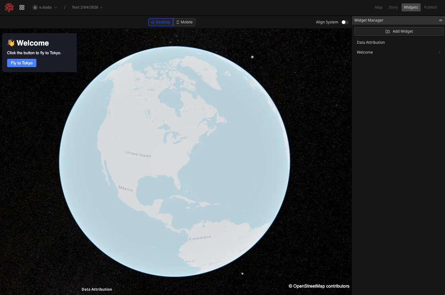 The Welcome widget added to a Visualizer scene with the camera flying to Tokyo