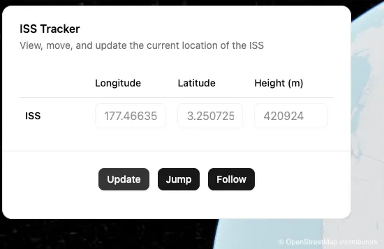 The ISS Tracker displaying coordinates after Update is selected