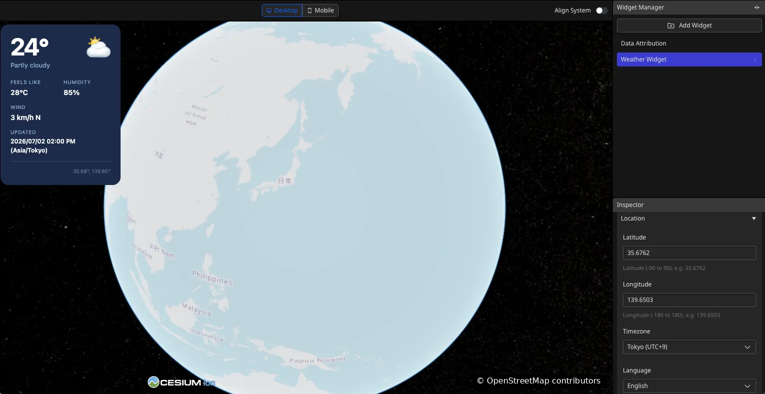 Re Visualizer の地図上に表示されたライブ天気ウィジェット