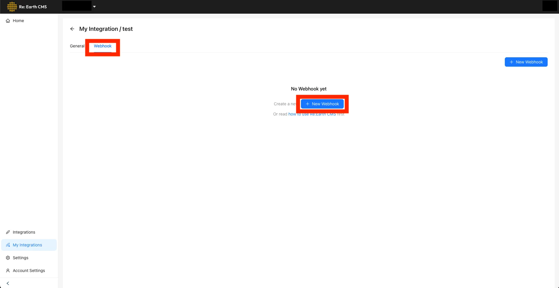 Webhook tab of an Integration's detail page, with no a Webhook yet and the New Webhook button highlighted.