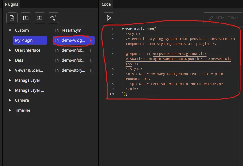 The demo-widget file selected in the Playground's file tree, with its starting code in the Code panel