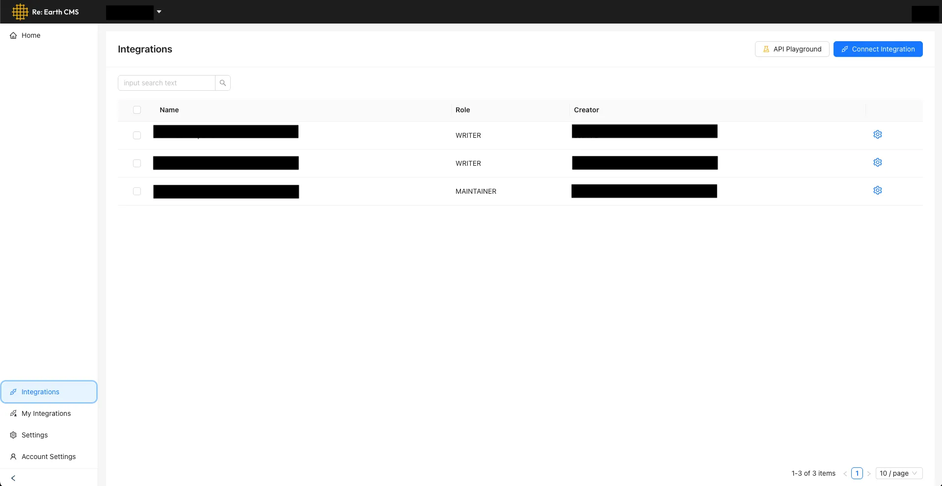 A workspace's Integrations screen, showing a list of connected Integrations with a Connect Integration button in the top right.